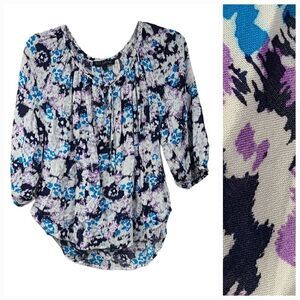 Rose & Thyme Purple Splatter Keyhole Bow Tie Neck Raglan 3/4 Sleeve Blouse Top